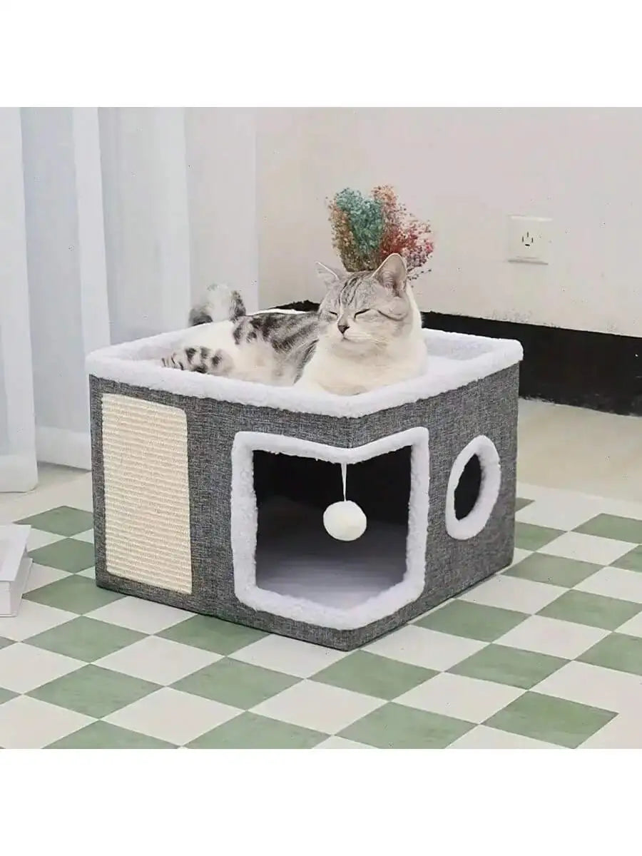 4-Season Multi-Level Cat House with Tunnel, Bed & Scratching Board