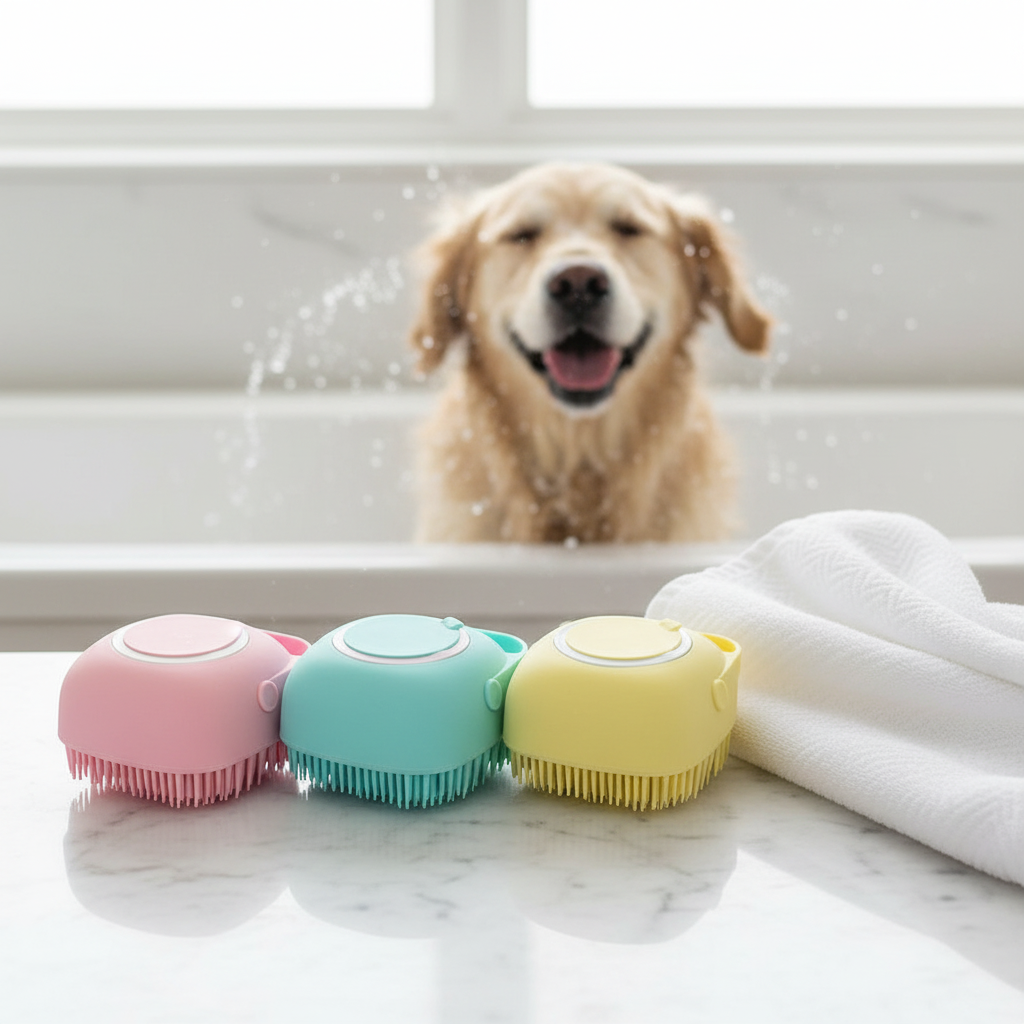 All three pastel bath brushes on a bathroom counter