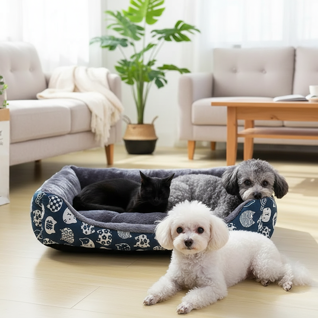 Cat and dog near the sofa bed in a living room