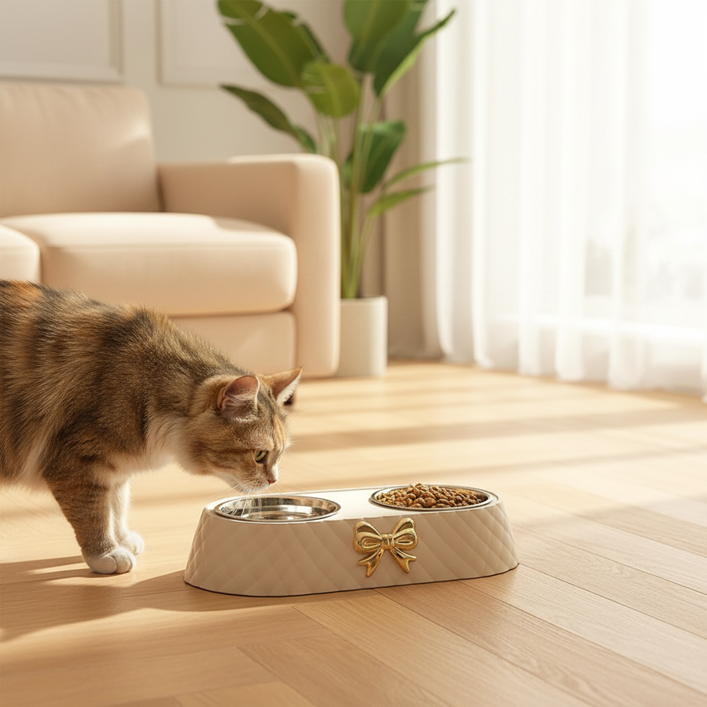 Cat approaching the double bowl in a living room