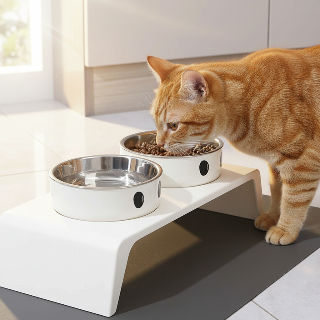 Cat approaching the feeder stand in a kitchen