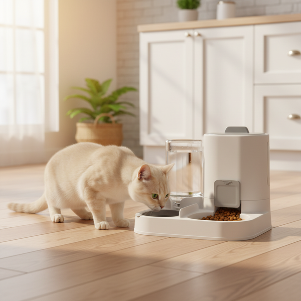 Cat approaching the feeder station in a kitchen