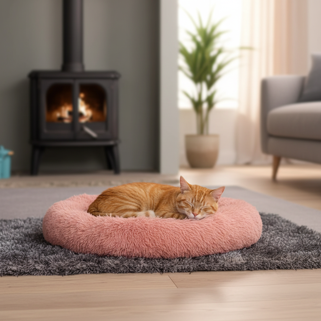 Cat curled into the donut bed in a living room