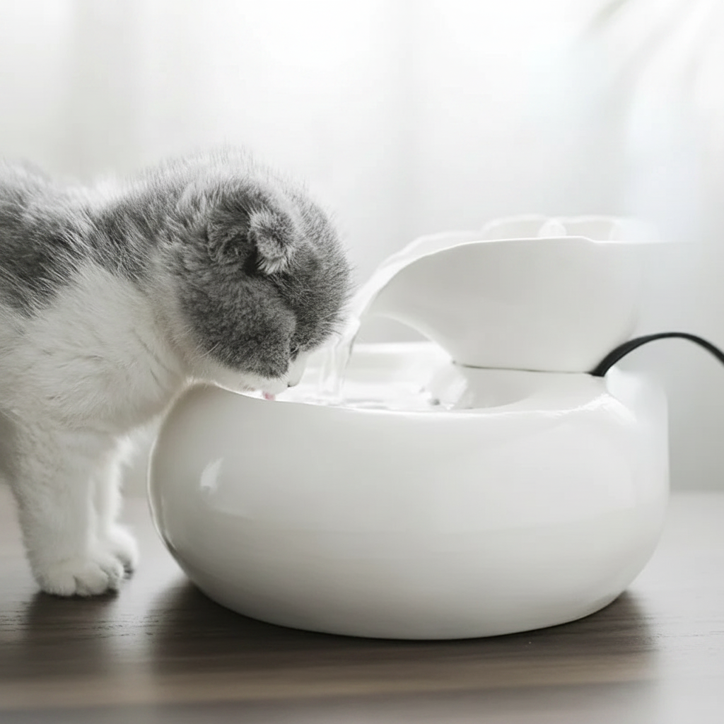 Cat drinking from the ceramic fountain