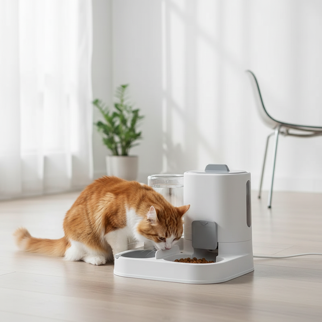 Cat eating from the gravity feeder station