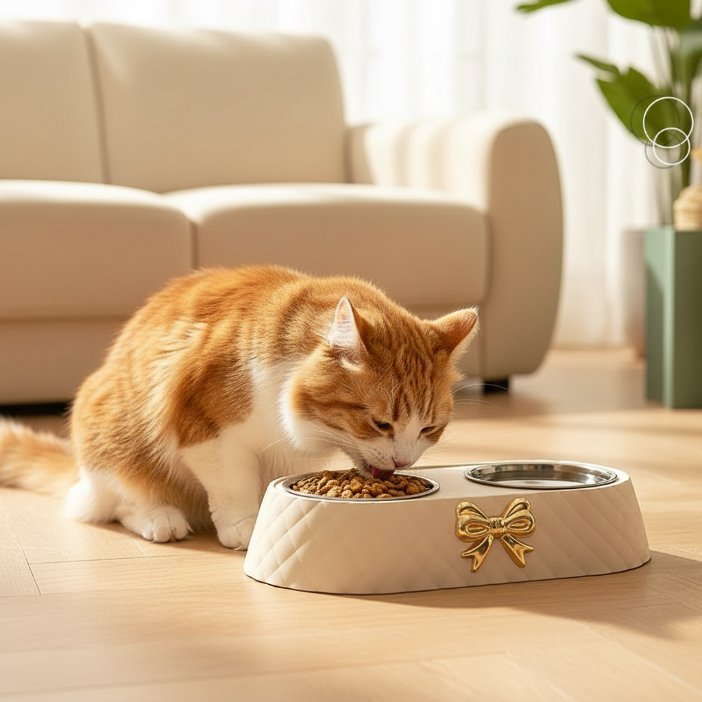 Cat eating from the light-luxury double bowl