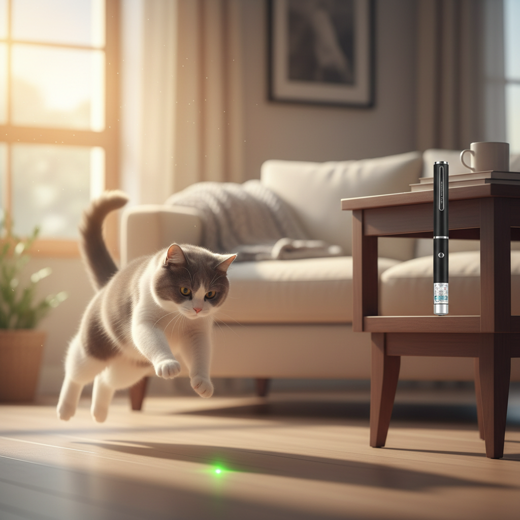 Cat leaping after a green laser dot