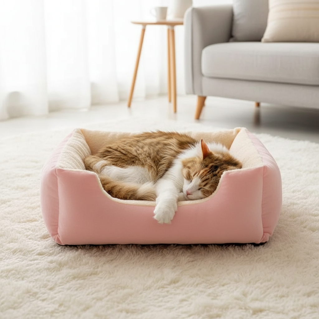 Cat sleeping in the pink plush bed