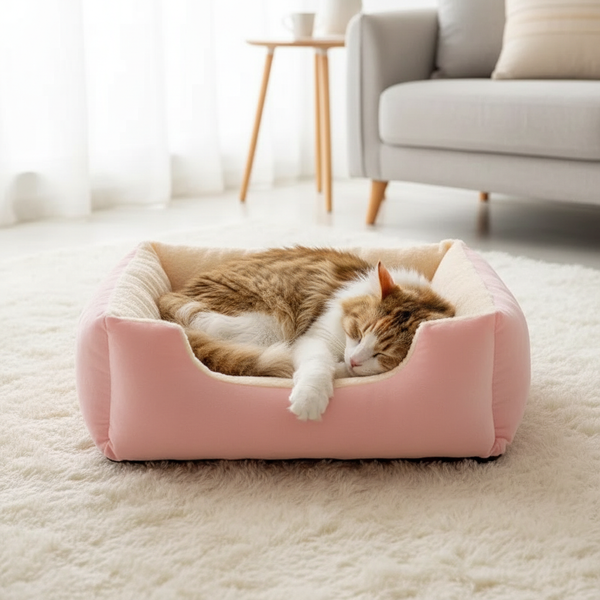 Cat sleeping in the pink plush bed