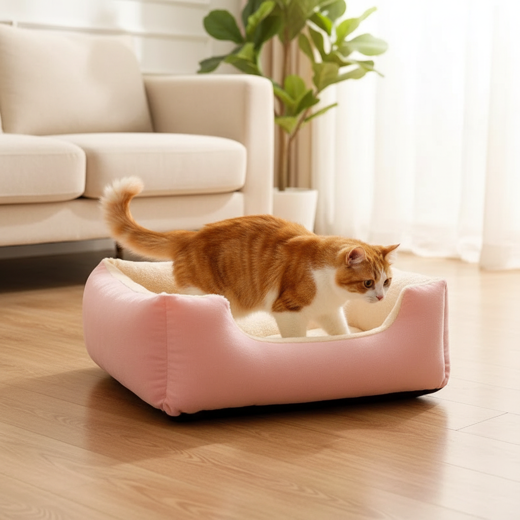 Cat stepping into the bed in a cozy living room