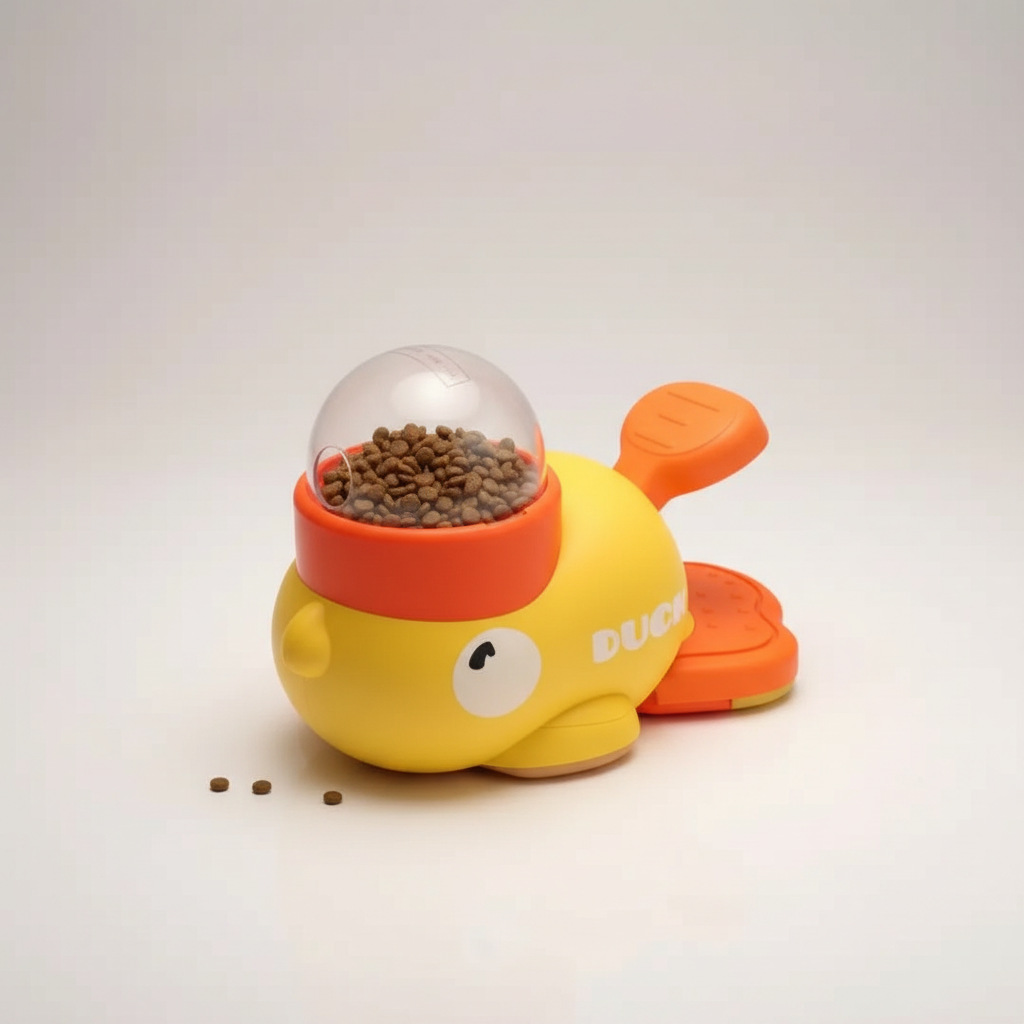 Clean cinematic product mockup of the duck treat dispenser