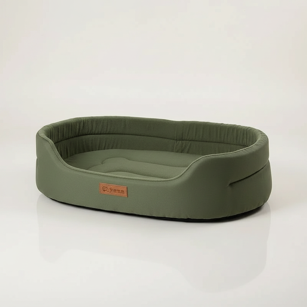 Clean product shot of the olive-green dog bed