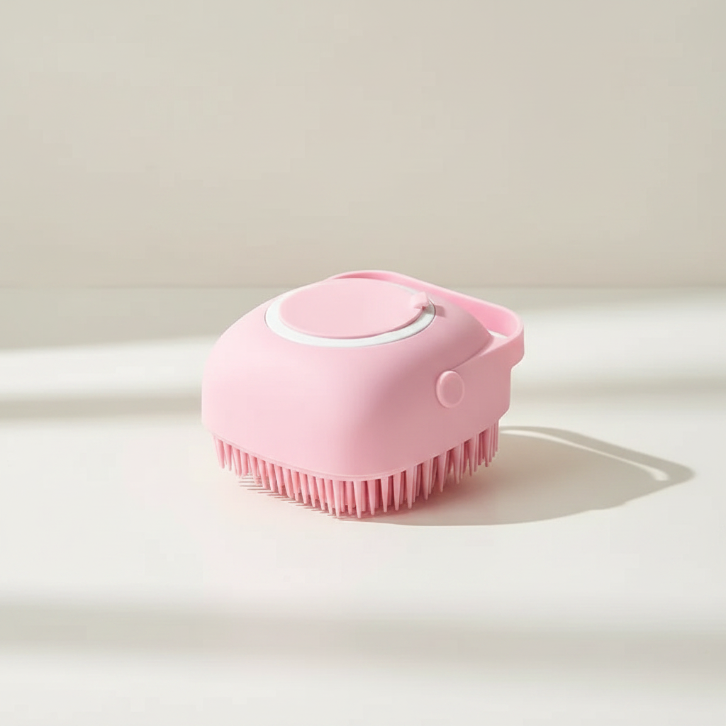 Clean product shot of the pink silicone bath brush