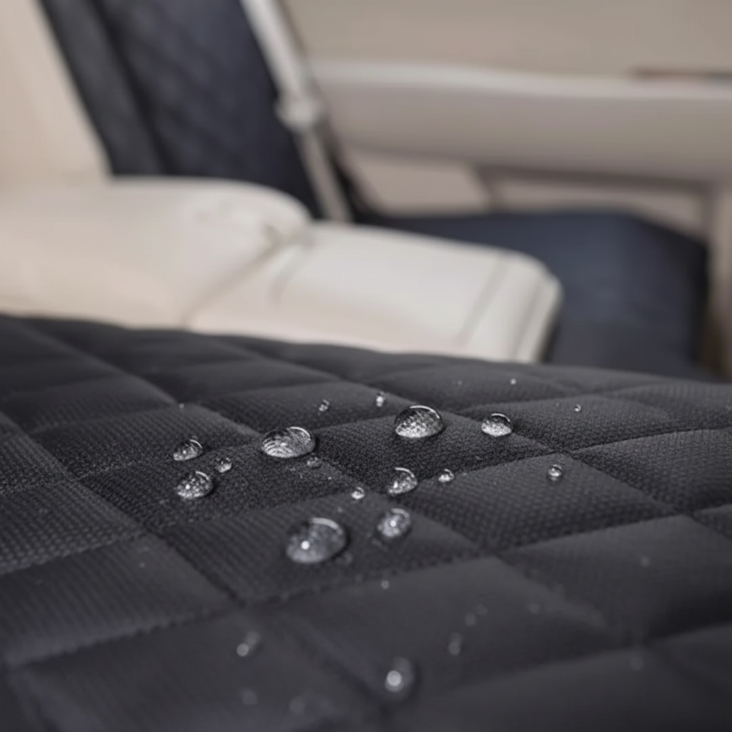Close-up of the quilted waterproof fabric with water droplets