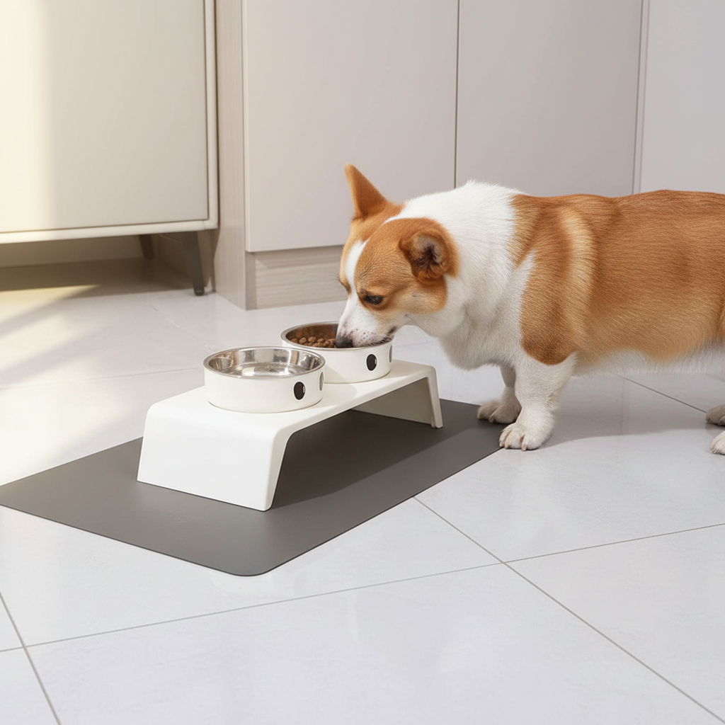 Corgi eating from the elevated feeder stand