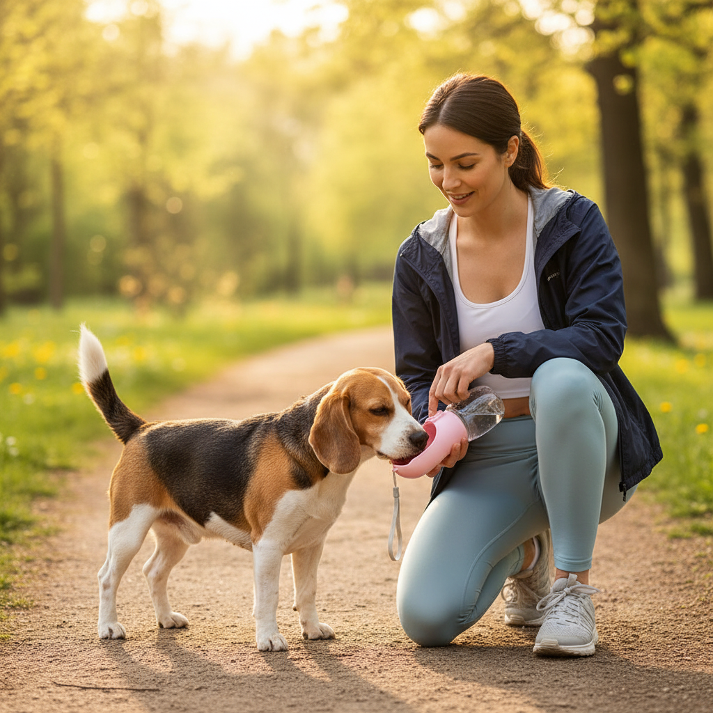 Dog drinking from the travel water bottle on a walk