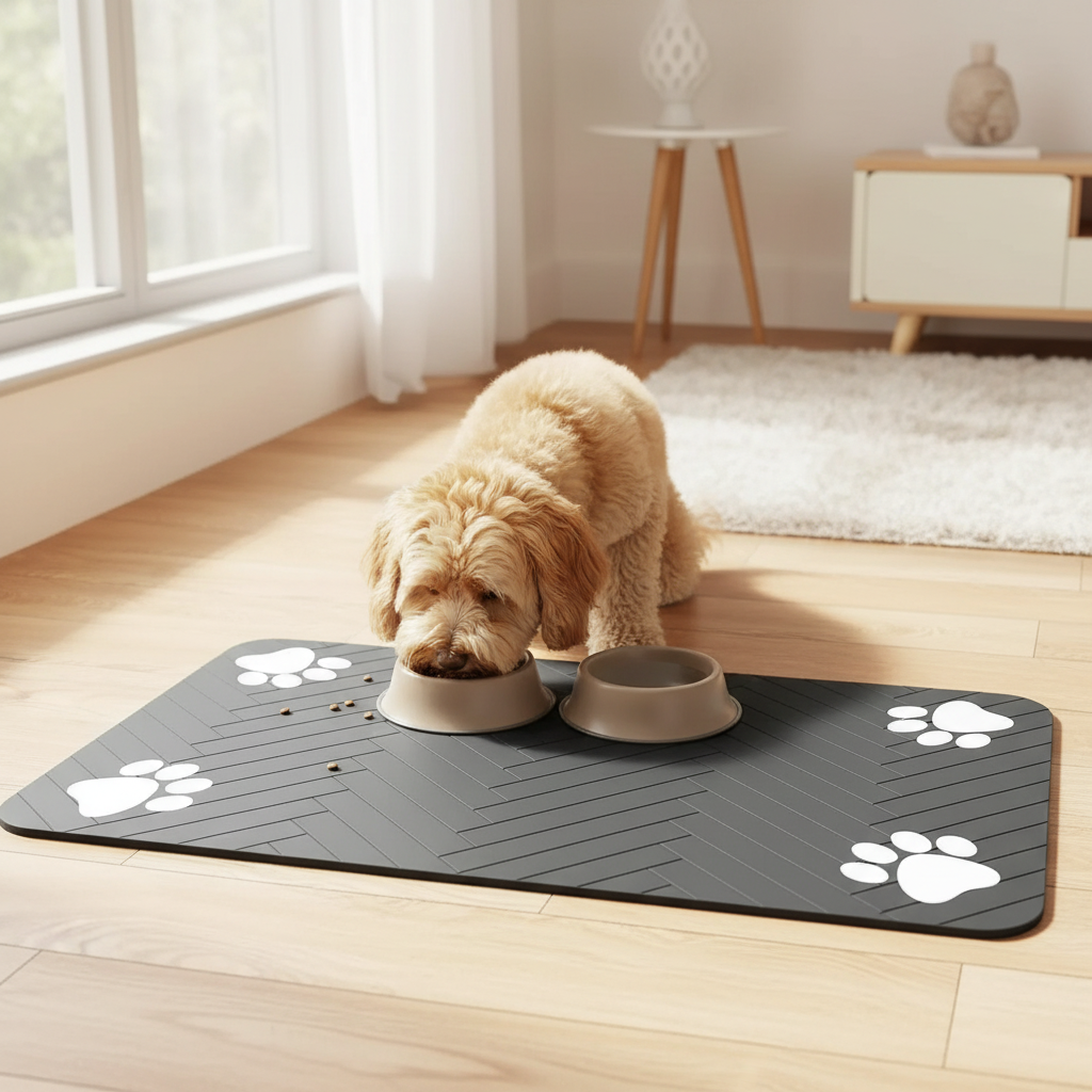 Dog eating from a bowl on the feeding mat