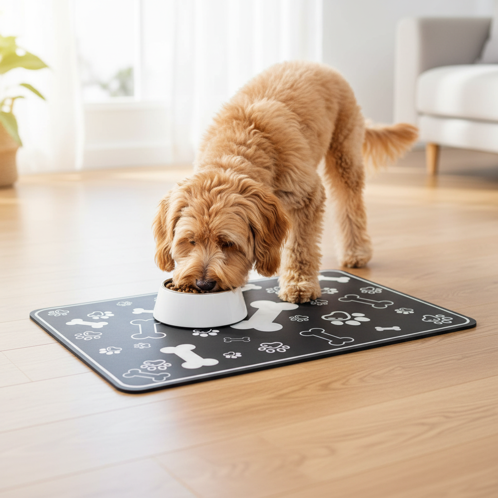 Dog eating from a bowl on the placemat