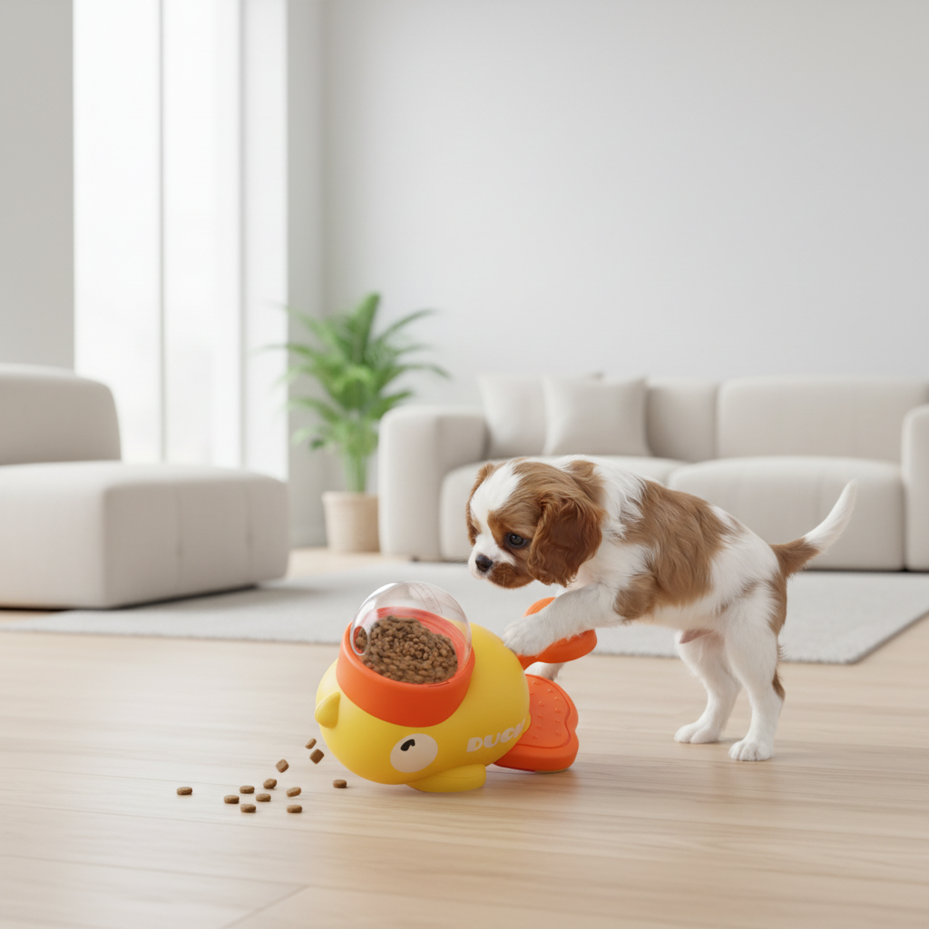 Dog playing with the duck treat dispenser toy