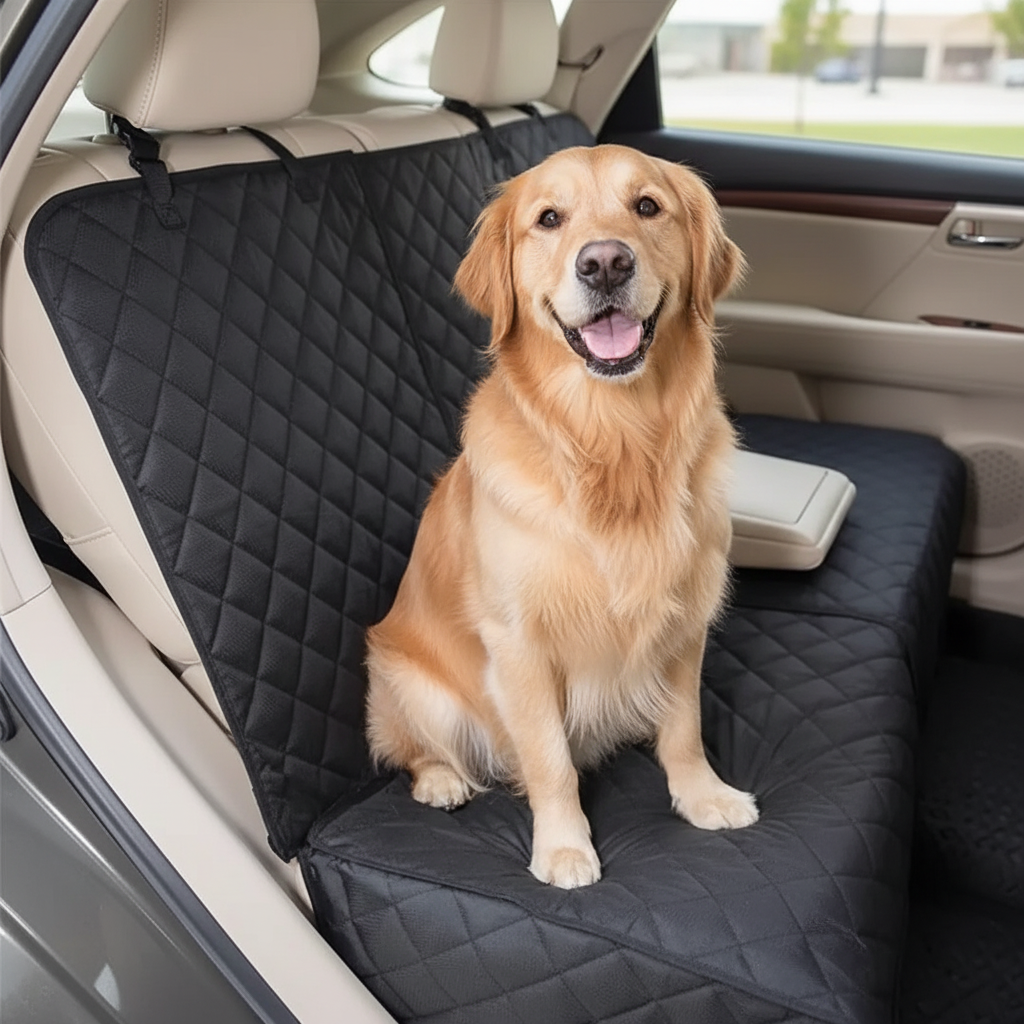 Dog sitting on the car seat cover