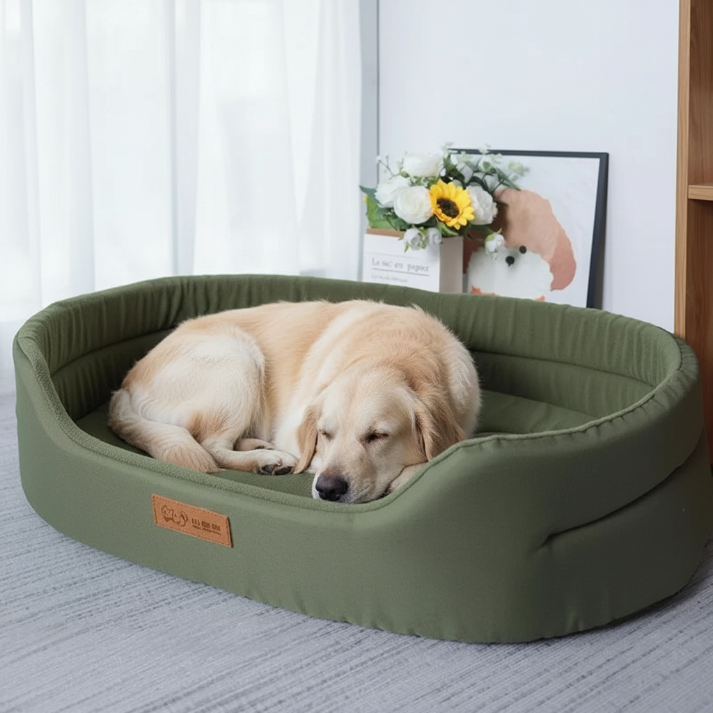 Dog sleeping in the olive-green bed