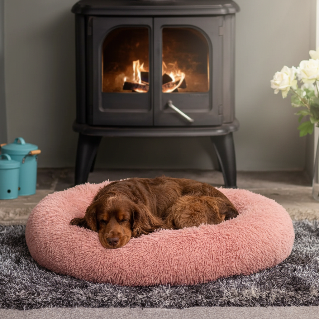 Dog sleeping in the pink donut bed