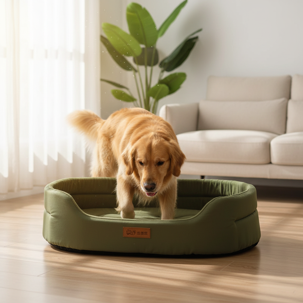 Dog stepping into the bed in a living room