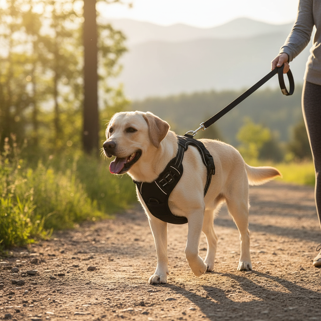Dog walking on a leash wearing the harness