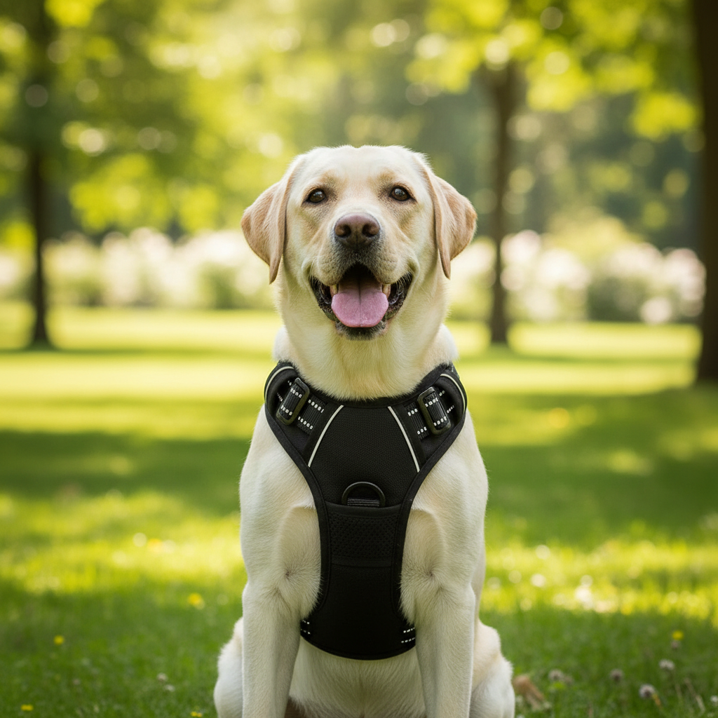 Labrador wearing the black harness outdoors