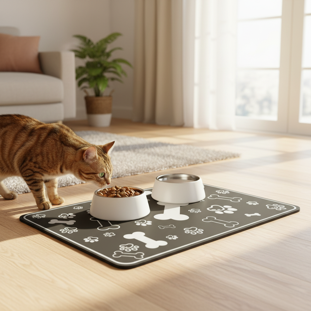 Placemat with two bowls and a cat approaching