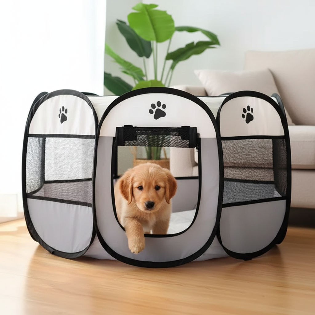 Puppy stepping out of the playpen tent