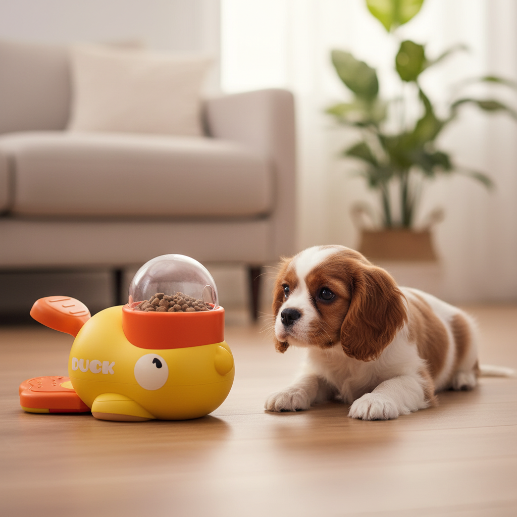 Second lifestyle shot of the duck treat dispenser with a curious dog