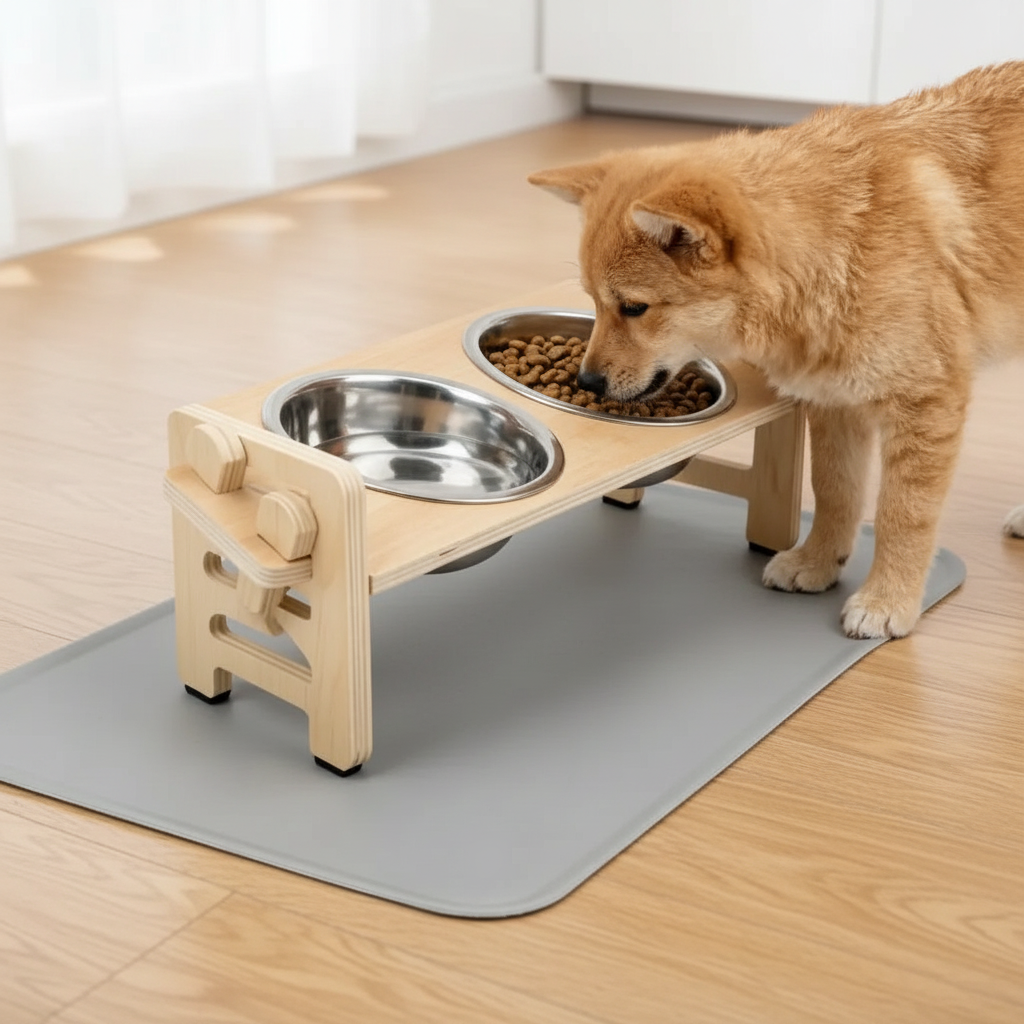 Shiba Inu eating from the tilted elevated feeder