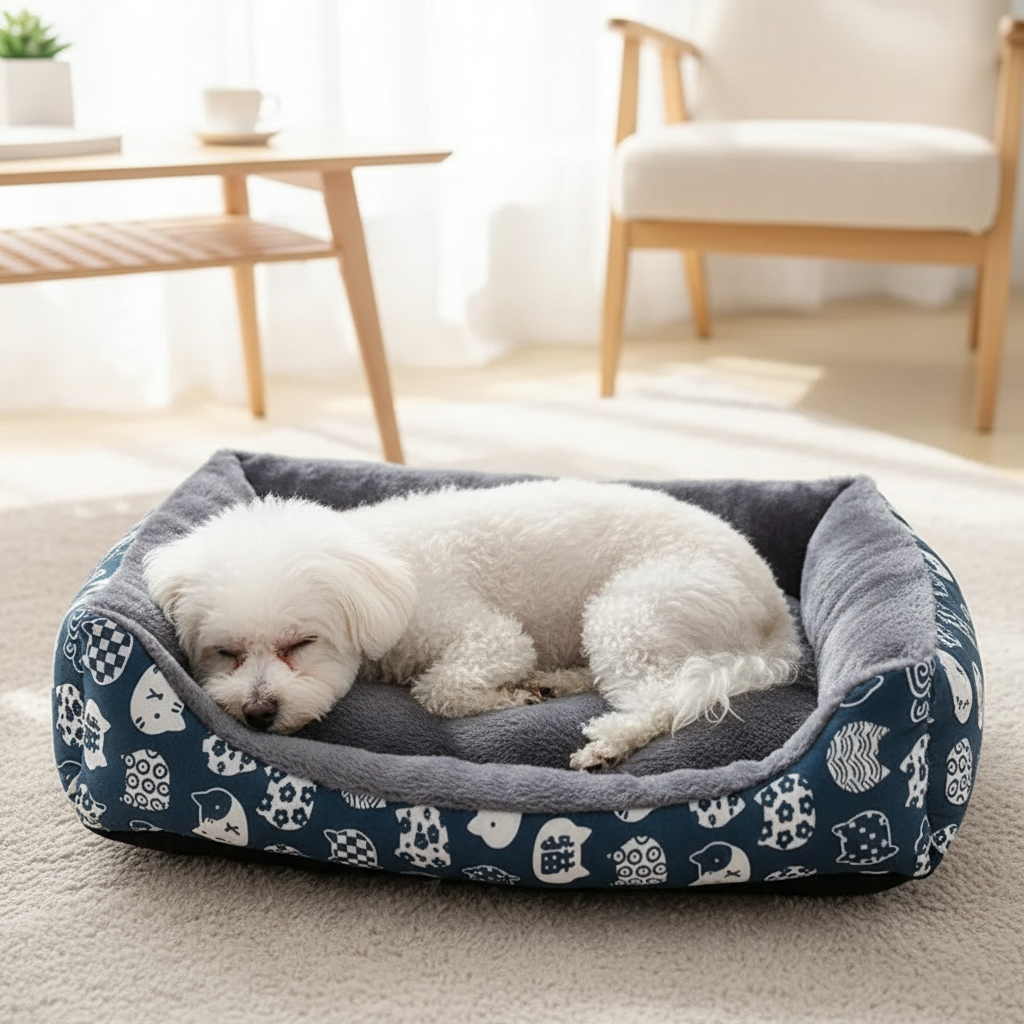 Small dog sleeping in the plush sofa bed