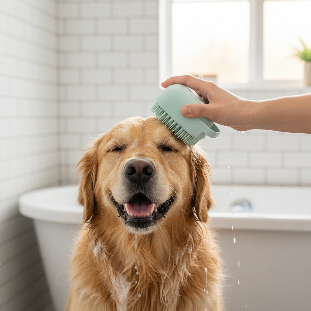 Washing a golden retriever with the silicone bath brush