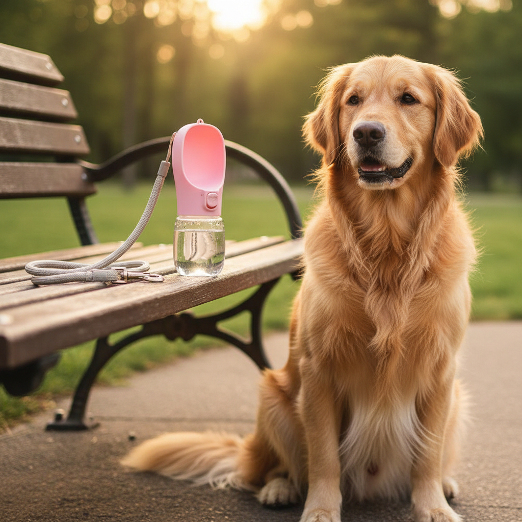 Water bottle on a bench with a dog after a walk